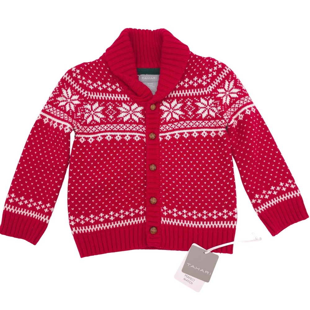 Tahari Red Fair Isle Snowflake Shawl Collar Cardigan Sweater Kids 12M